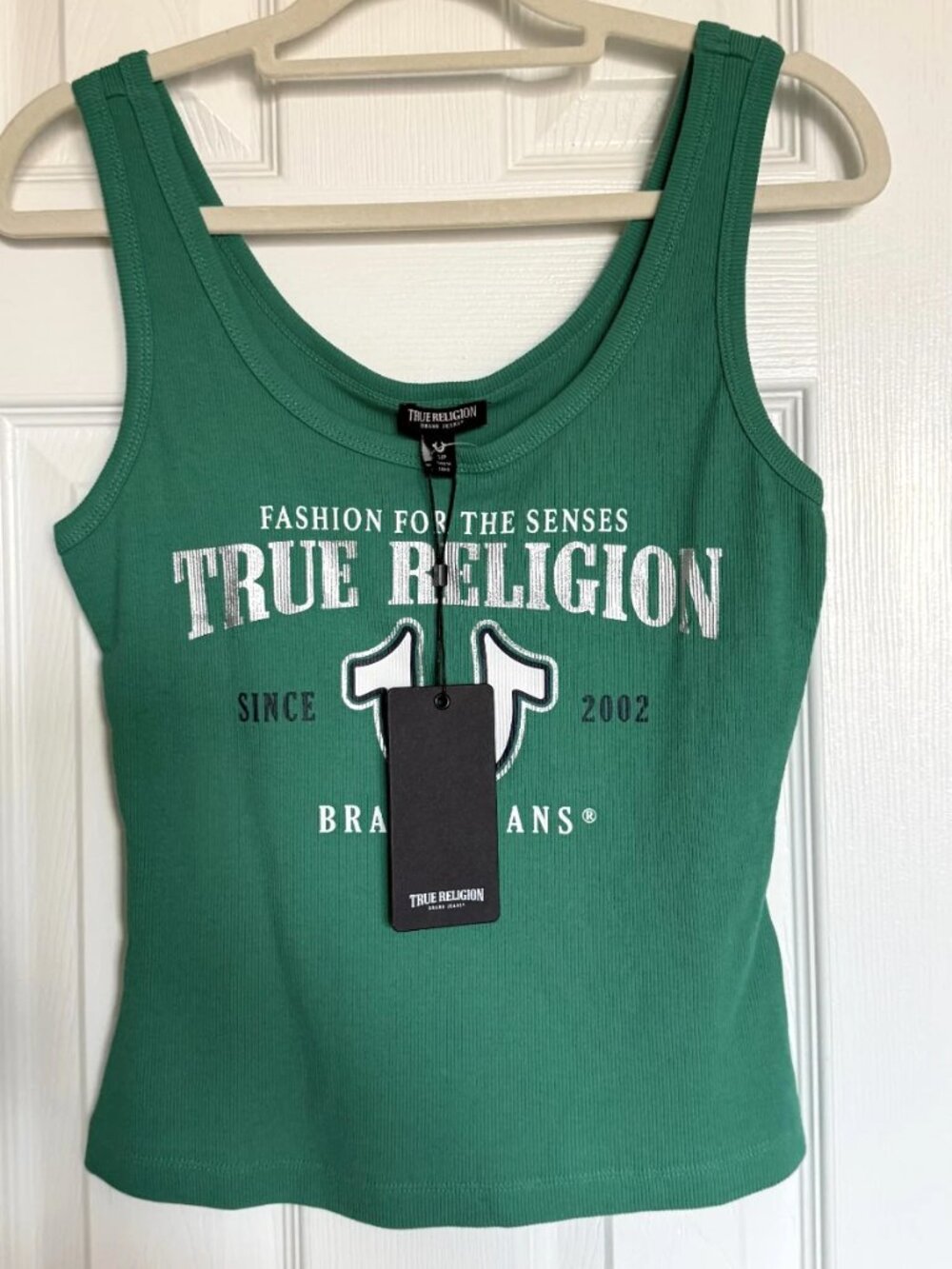 True Religion Women's Leaf Green Rib HS Foil Tank Top Size Small NWT